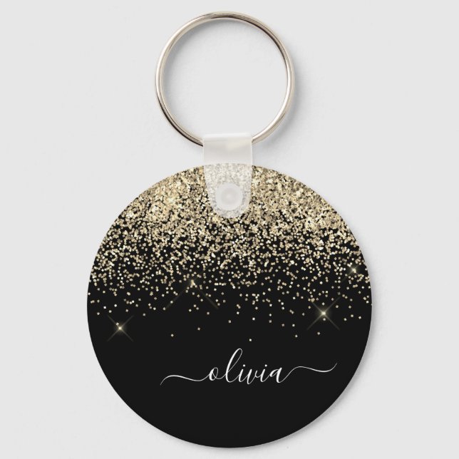 Guld Black Glitter Skriptskript, Monogram Girly Na Nyckelring (Framsida)