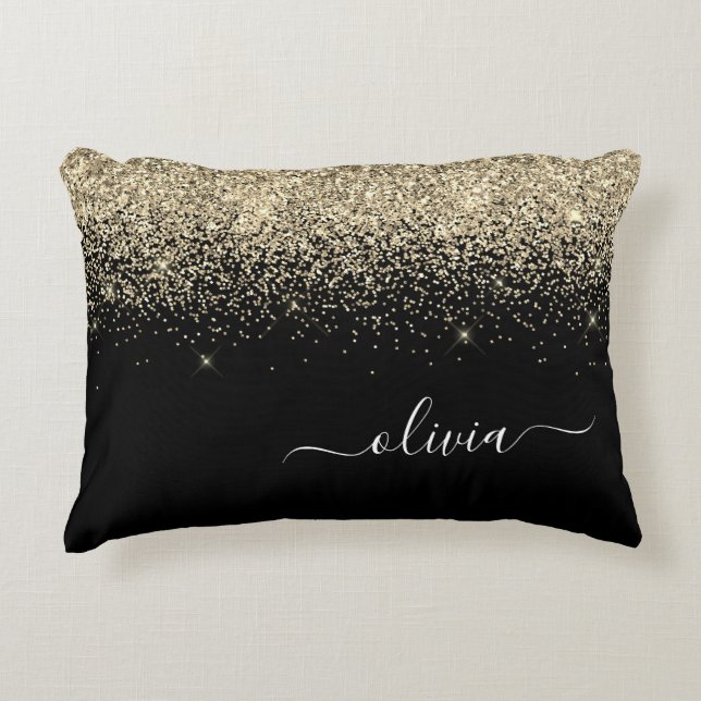 Guld Black Glitter Skriptskript, Monogram Girly Na Prydnadskudde (Framsidan)