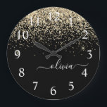 Guld Black Glitter Skriptskript, Monogram Girly Na Stor Klocka<br><div class="desc">Gnistra Glitter,  svart och Guld,  lås med Monogram Namn Clock. Det gör perfekten söt 16-årsjubileum,  bröllop,  möhippa,  årsdag,  babydusch eller bachelorette-fest för någon som glam lyxen och chic stilar i kärlek.</div>