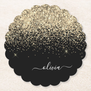 Guld Black Glitter Skriptskript, Monogram Girly Na Underlägg Papper