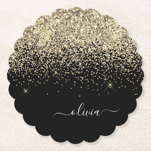 Guld Black Glitter Skriptskript, Monogram Girly Na Underlägg Papper (Framsida)