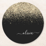 Guld Black Glitter Skriptskript, Monogram Girly Na Underlägg Papper Rund<br><div class="desc">Glitter-skript Monogram Namn Pappra Underlägg i Svarta och Guld Gnistra. Det gör perfekt studenten,  födelsedag,  bröllop,  möhippa,  årsdag,  babydusch eller bachelorette-fest till någon som glam lyx och chic stilar.</div>