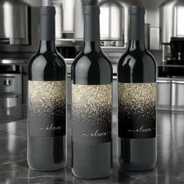 Guld Black Glitter Skriptskript, Monogram Girly Na Vinflaska Etikett