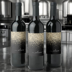 Guld Black Glitter Skriptskript, Monogram Girly Na Vinflaska Etikett
