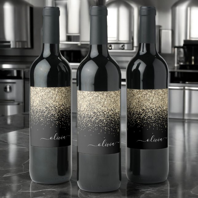 Guld Black Glitter Skriptskript, Monogram Girly Na Vinflaska Etikett (Skapare uppladdad)