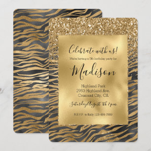 Guld Black Glitzy Glitter Gnistra Zebra tryck Inbjudningar