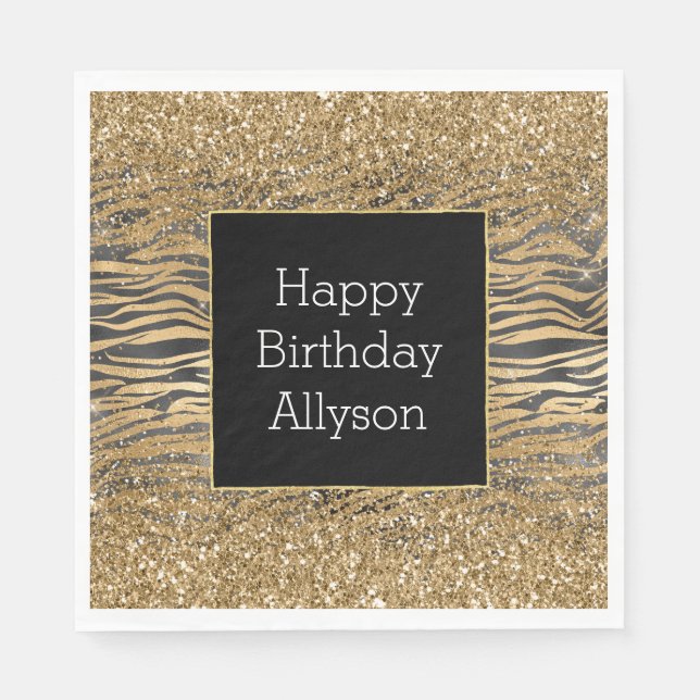 Guld Black Glitzy Glitter Gnistra Zebra tryck Pappersservett (Framsidan)