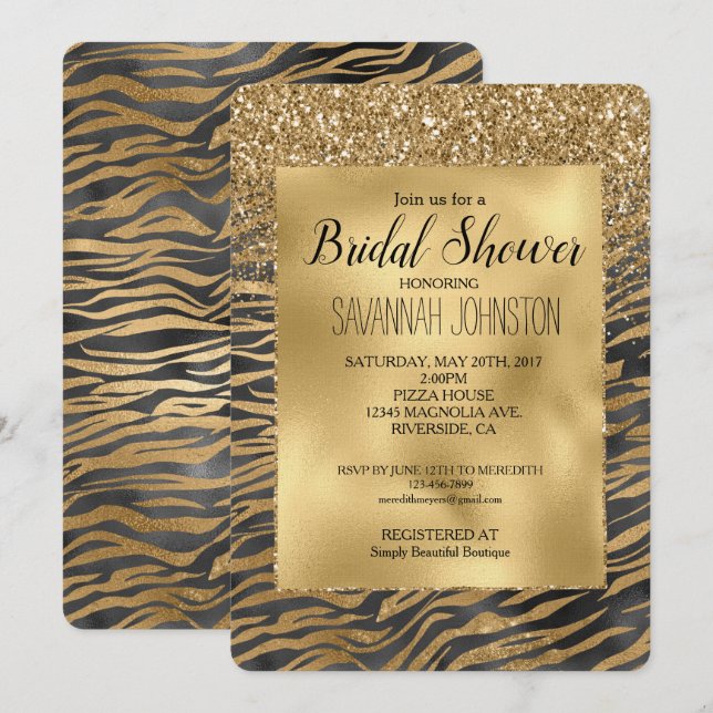 Guld Black Glitzy Glittery Gnistra Zebra tryck Inbjudningar (Fram/baksida)