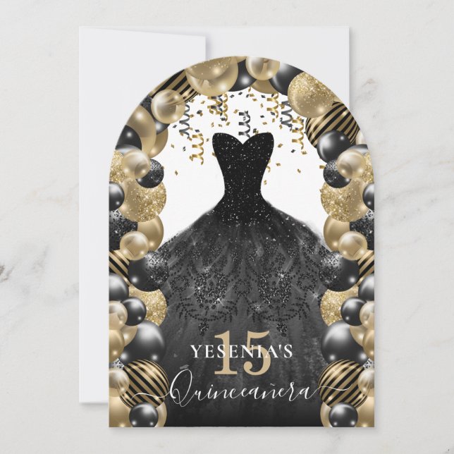 Guld Black Gnistra Dress Quinceanera Balloon Inbjudningar (Framsida)