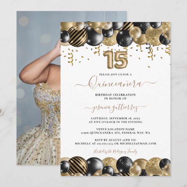 Guld Black Gnistra Photo Quinceanera Balloon Inbjudningar (Fram/baksida)