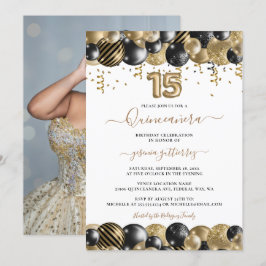 Guld Black Gnistra Photo Quinceanera Balloon Inbjudningar