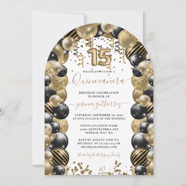 Guld Black Gnistra Quinceanera Balloon-inbjudan Inbjudningar (Framsida)