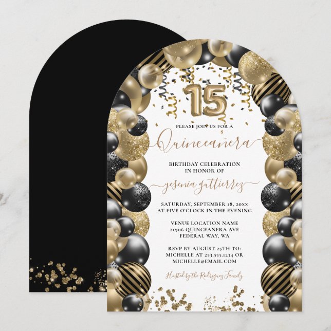 Guld Black Gnistra Quinceanera Balloon-inbjudan Inbjudningar (Fram/baksida)