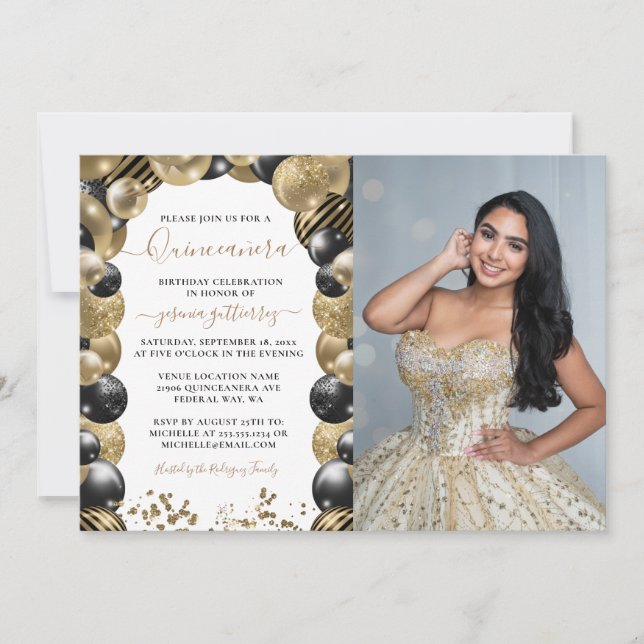 Guld Black Gnistra Quinceanera Balloon Photo Inbjudningar (Framsida)