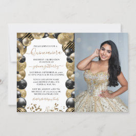 Guld Black Gnistra Quinceanera Balloon Photo Inbjudningar