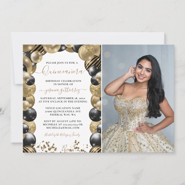 Guld Black Gnistra Quinceanera Balloon Photo Invit Inbjudningar (Framsida)