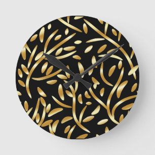 Guld Black Gradient Löv Botaniskt Blommigt Patter Rund Klocka