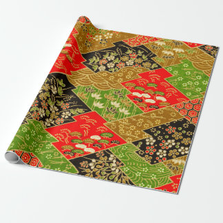 Guld Black Grönt Japansk Kimono Blommigt Decoupage Presentpapper