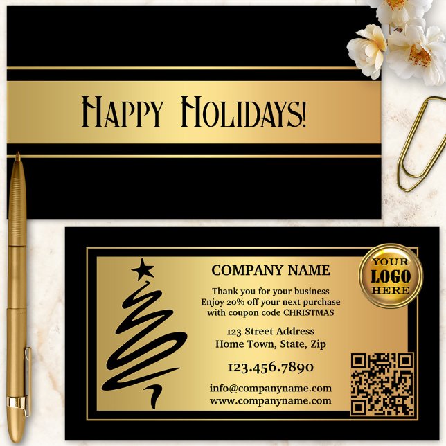 Guld Black Helgdagar Tack Visitkort (Stylish gold and black Christmas Holidays Thank You business card with a Christmas tree outline)