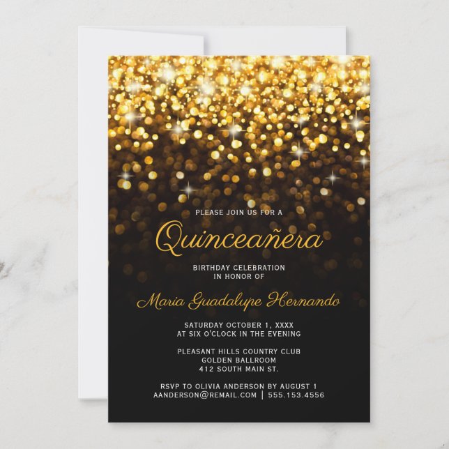 Guld Black Hollywood Glam Quinceañera Birthday Inbjudningar (Framsida)
