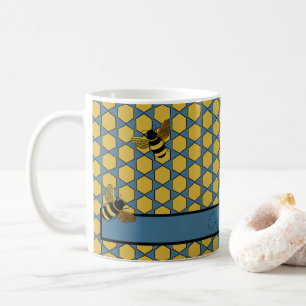 GULD BLACK HUMLA PÅ BLUE HONEYCOMB MÖNSTER KAFFEMUGG