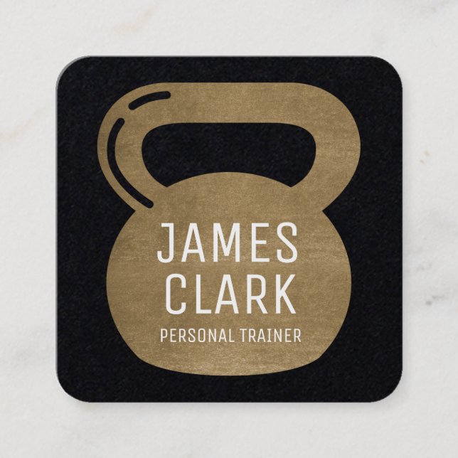 Guld & Black Kettlebell Personal Fitness Trainer Fyrkantigt Visitkort (Framsida)