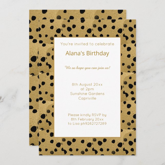 GULD BLACK LEOPARD ANIMAL PRINT BIRTHDAY INBJUDNINGAR (Fram/baksida)