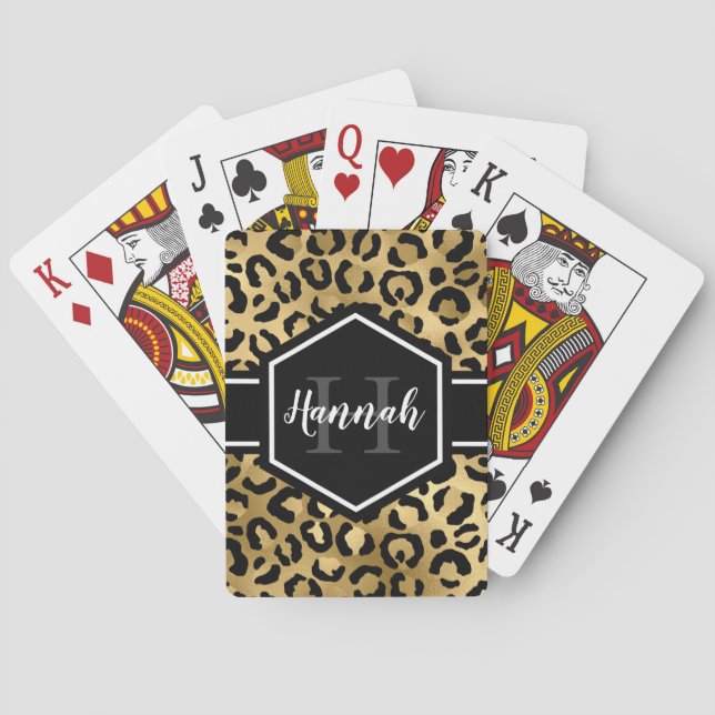 Guld Black Leopard Spots Monogram Casinokort (Baksidan)