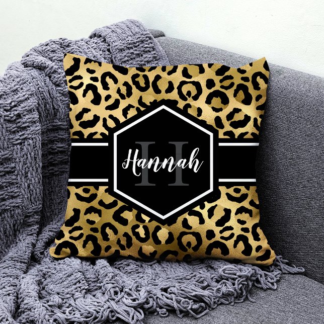 Guld Black Leopard Spots Monogram Dekorativ kudde (Skapare uppladdad)