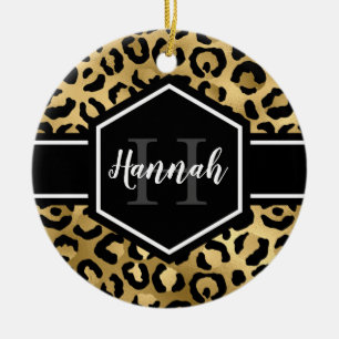 Guld Black Leopard Spots Monogram Julgransprydnad Keramik