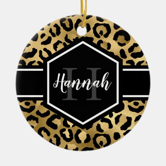 Guld Black Leopard Spots Monogram Julgransprydnad Keramik (Framsidan)