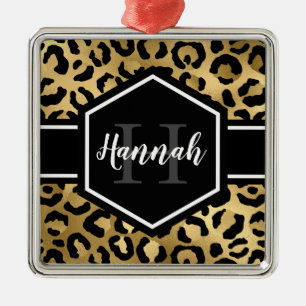 Guld Black Leopard Spots Monogram Julgransprydnad Metall