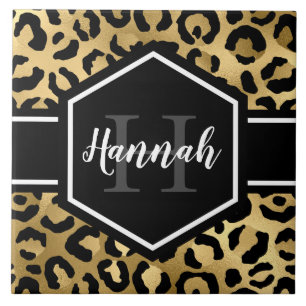 Guld Black Leopard Spots Monogram Kakelplatta