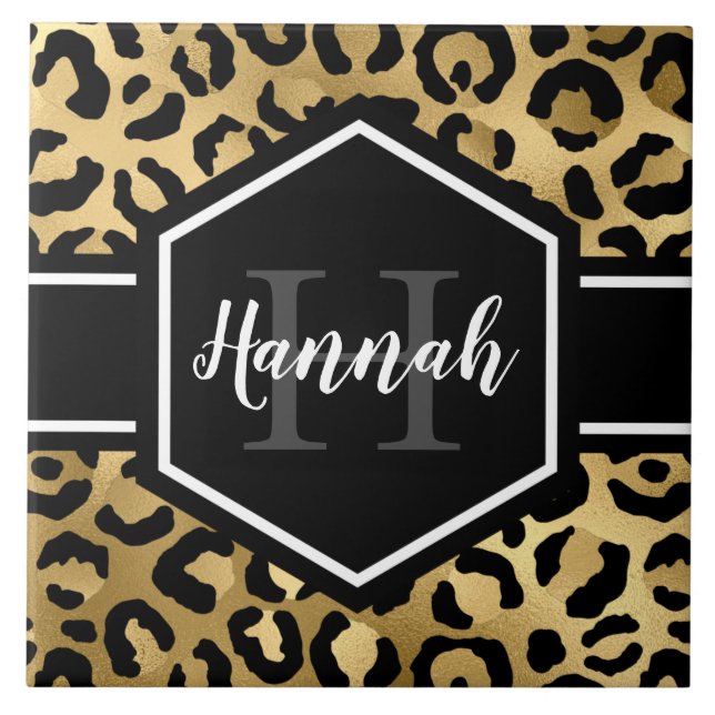 Guld Black Leopard Spots Monogram Kakelplatta (Framsidan)