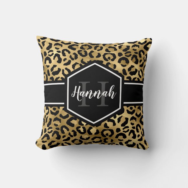 Guld Black Leopard Spots Monogram Kudde (Framsida)