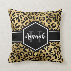 Guld Black Leopard Spots Monogram Kudde
