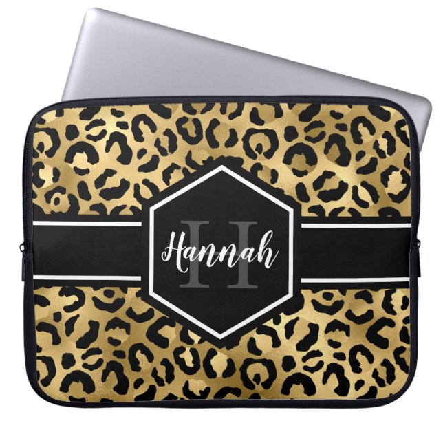Guld Black Leopard Spots Monogram Laptop Fodral (Framsidan)