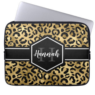 Guld Black Leopard Spots Monogram Laptop Fodral