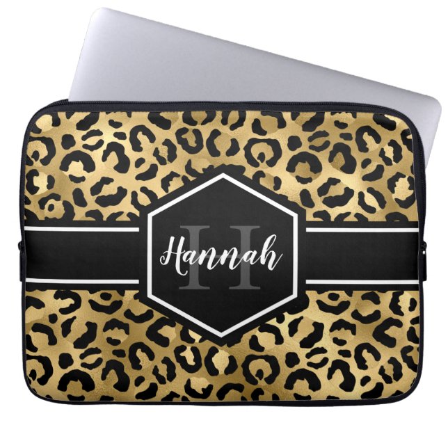 Guld Black Leopard Spots Monogram Laptop Fodral (Framsidan)