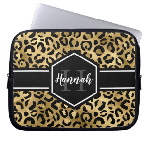 Guld Black Leopard Spots Monogram Laptop Fodral
