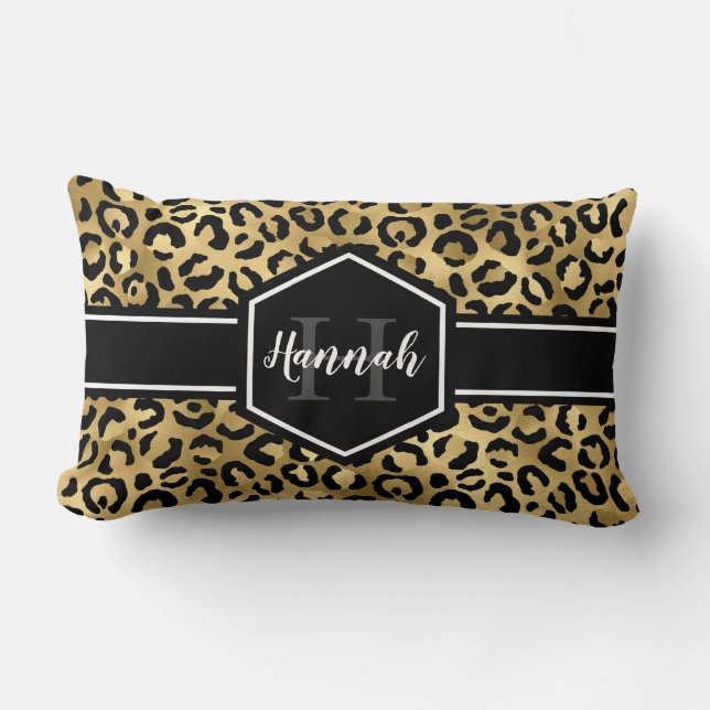 Guld Black Leopard Spots Monogram Lumbarkudde (Framsida)