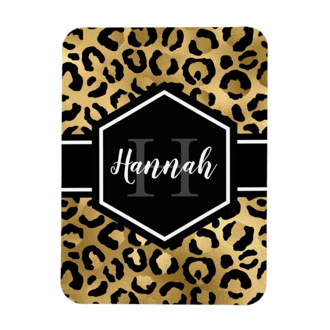 Guld Black Leopard Spots Monogram Magnet (Vertikal)