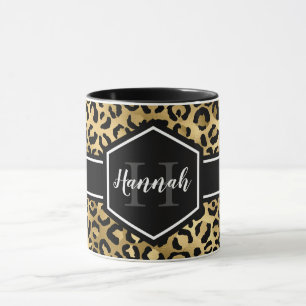 Guld Black Leopard Spots Monogram Mugg