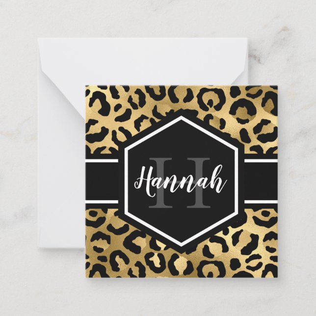 Guld Black Leopard Spots Monogram Note Card Anteckningskort (Framsida)
