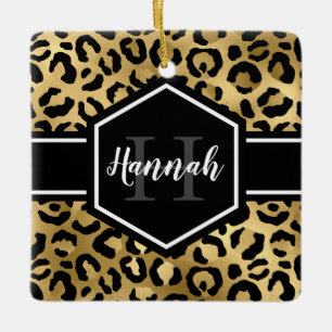 Guld Black Leopard Spots Monogram Photo Julgransprydnad Keramik