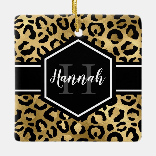 Guld Black Leopard Spots Monogram Photo Julgransprydnad Keramik (Framsida)