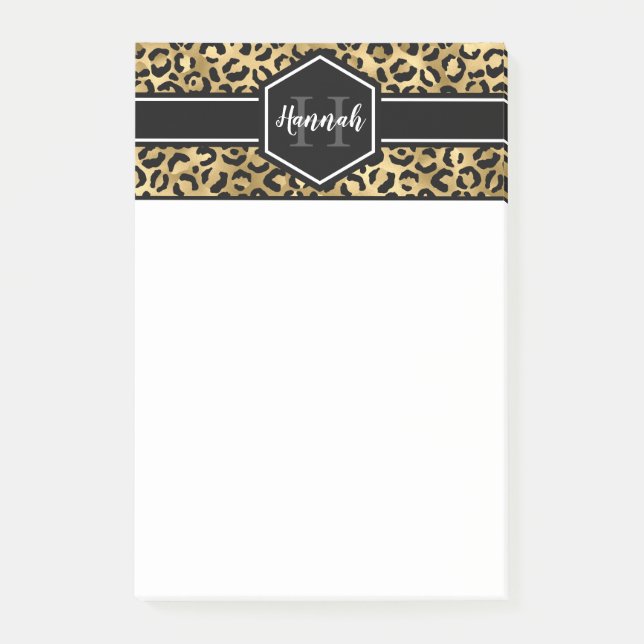 Guld Black Leopard Spots Monogram Post-it Block (Framsida)
