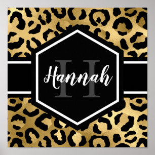Guld Black Leopard Spots Monogram Poster