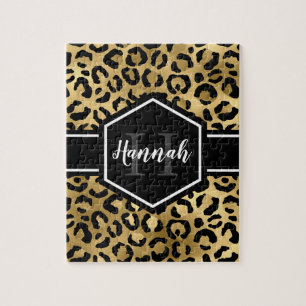Guld Black Leopard Spots Monogram Pussel