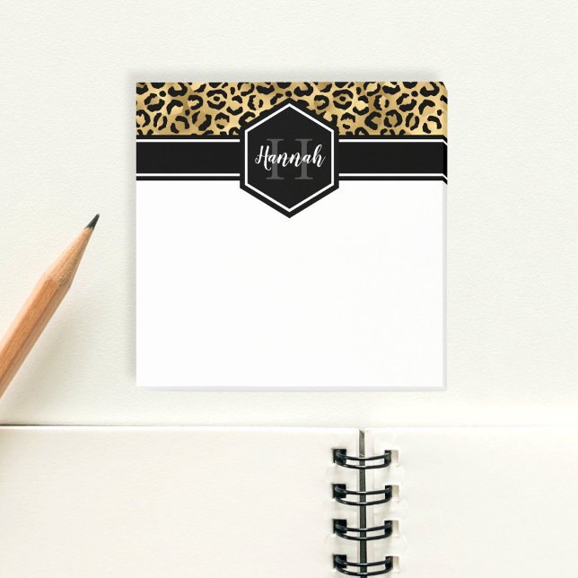 Guld Black Leopard Spots Monogram Square Post-it Block (Skapare uppladdad)